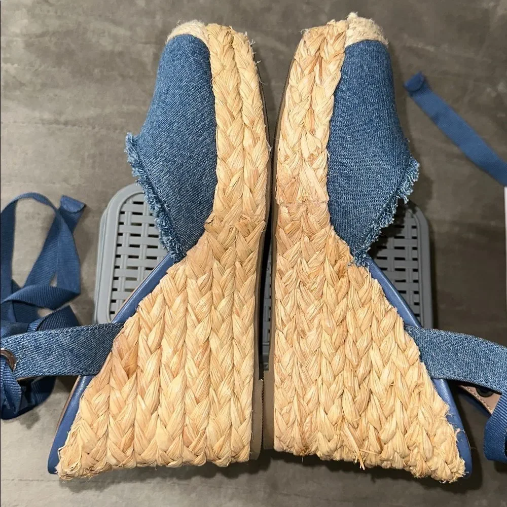 INC 8 Moniqueef Denim Blue Cream Fringe Overlap Ankle Tie Wedge Espadrilles